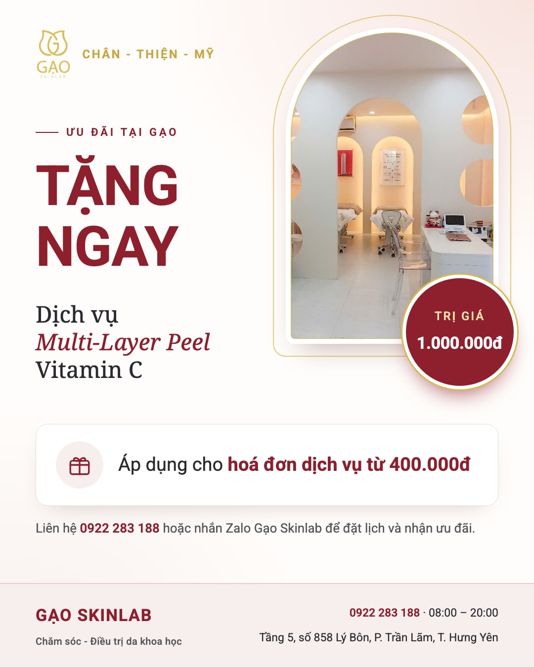 Ưu đãi Gạo Skinlab: tặng ngay dịch vụ Multi-Layer Peel Vitamin C trị giá 1.000.000đ cho hoá đơn dịch vụ từ 400.000đ. Liên hệ 0922 283 188.